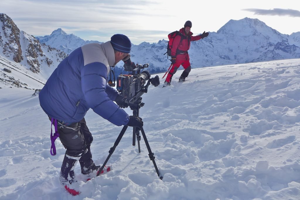 Filming with Aoraki in the distance