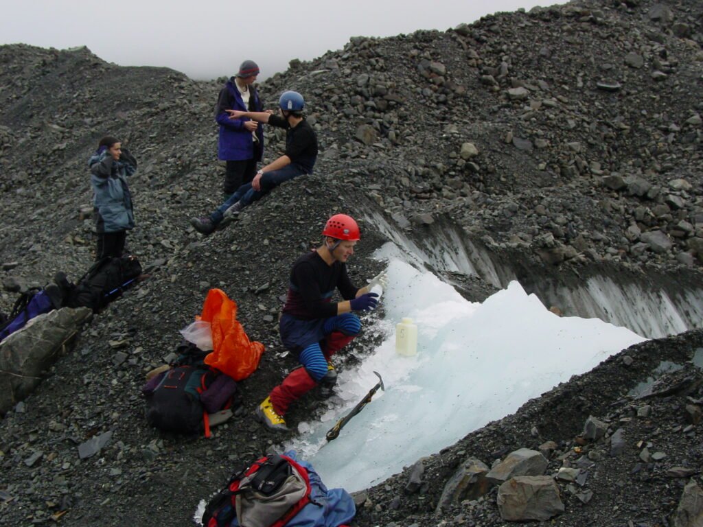 Collecting ice samples for dating on the lower Tasman Glacier